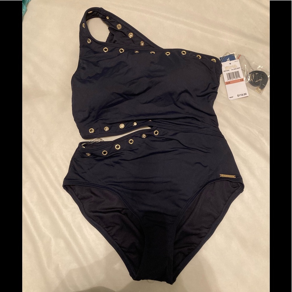 COPY - Navy one piece swimsuit, padded top, side slit gold embellishments